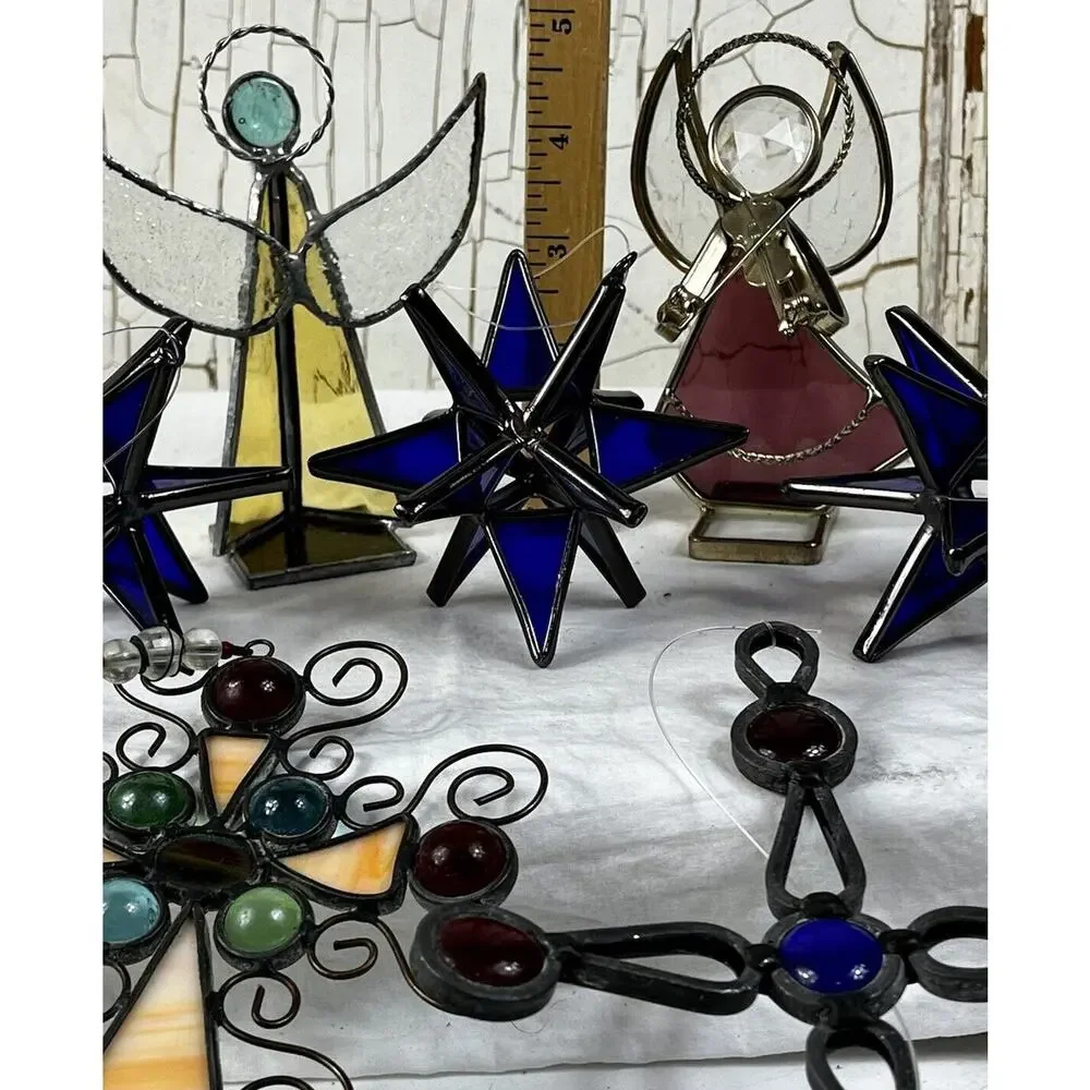 Set of 7 Stained Glass Cobalt Blue Snowflake Ornaments 4 Handmade Angel &Crosses